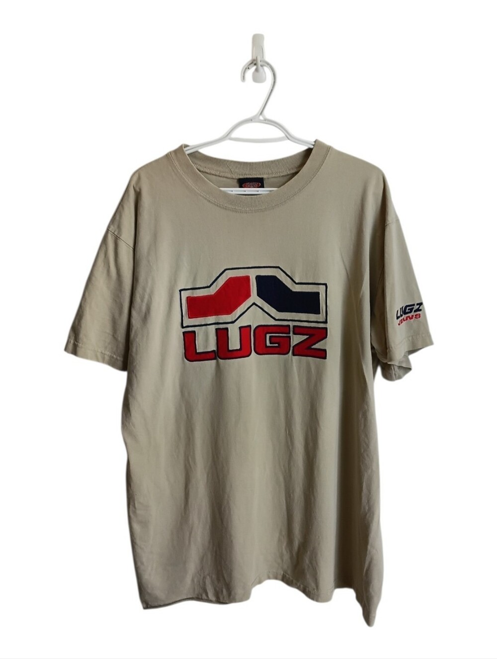 Vintage Y2K Lugz Beige Short Sleeve Tee with Red & Navy Logo Retro Nostalgia